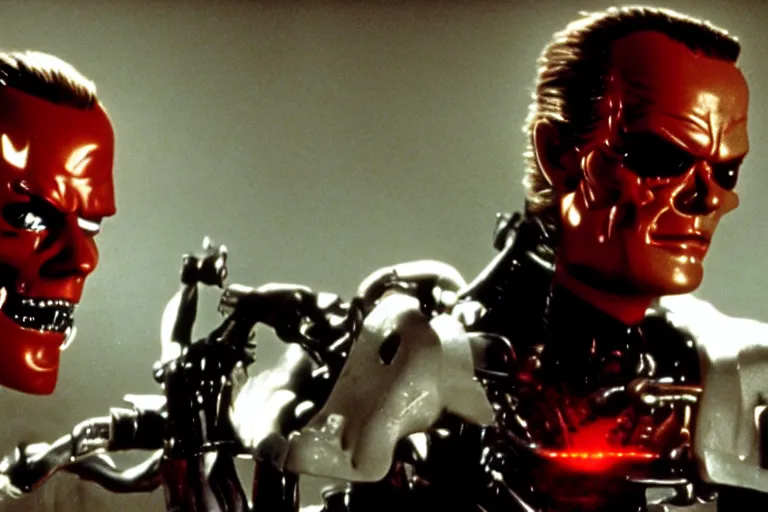 Prompt: Jack Nicholson plays Terminator, his one yes glow red, scene where his endoskeleton is exposed, still from the film