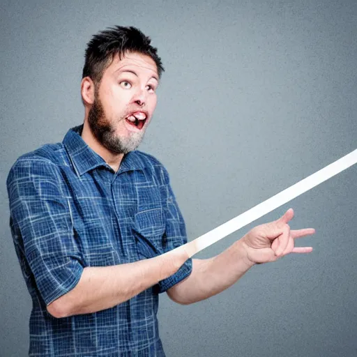 Image similar to extremely sad crying man pointing at a ruler, high resolution photo