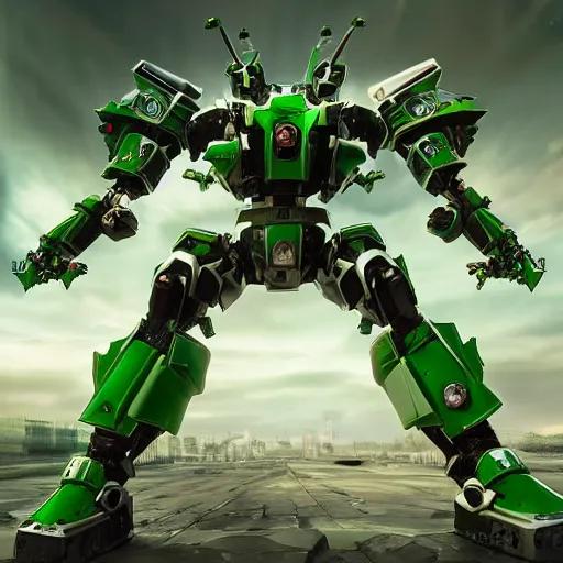 Image similar to miniature saudi samurai mecha, green and white, full body mecha suit, epic urban battle, Murata Yasushi Nirasawa Style, beautiful aesthetic, photorealistic, volumetric lighting, hyperrealistic, octane render, HDR, Production IG Studios Anime Style