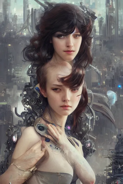 Prompt: Ultra realistic illustration, beautiful alluring female cyborg, cyberpunk, sci-fi, fantasy, intricate, elegant, highly detailed, digital painting, artstation, concept art, smooth, sharp focus, illustration, art by Yintion J - Jiang Geping and artgerm and greg rutkowski and alphonse mucha.