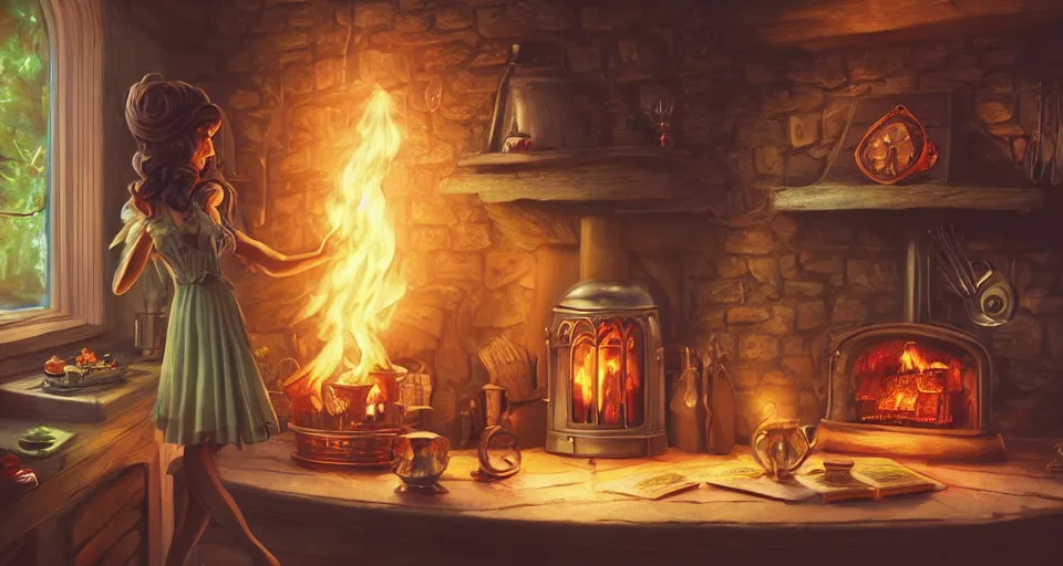 Image similar to a close - up of a fairy in a vintage magical kitchen, with a fireplace in the background d & d, fantasy, intricate, elegant, sticker illustration, artstation, concept art, smooth, sharp focus