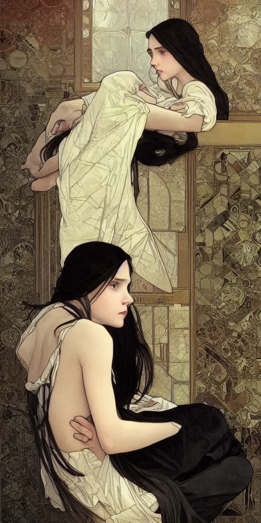 Prompt: a lonely young girl with straight long black hair wearing black dress that sitting on bathroom floor, art by artgem, greg rutkowski and alphonse mucha