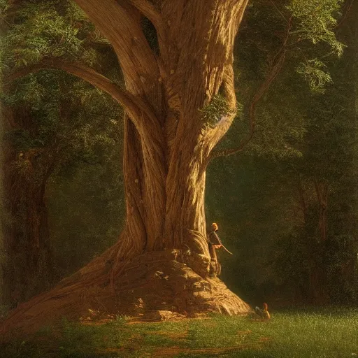 Prompt: a beautiful tall tree growing in the middle of an ancient Victorian library. a child climbing the tree. by Albert Bierstadt, ultra-realistic, 4K, featured on artstation