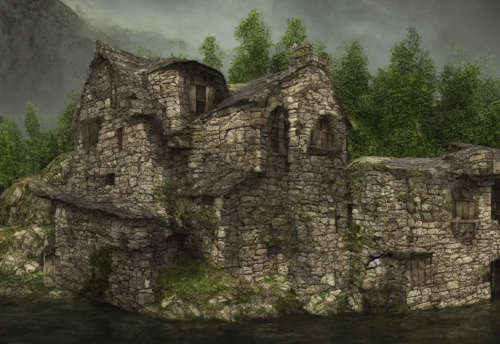 Prompt: a medieval stone house in a mountain near a river, extremely highly detailed, high quality, 8k HDR, trending on Artstation, concept art, cinematic lighting, DeviantArt