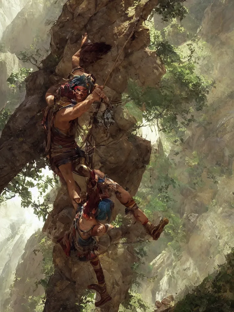 Prompt: oil art close - up of young roma mage adventurer climbing down a cliffside in style of disco elysium character, gipsy jester character design from ravenloft, art by anders zorn, wonderful masterpiece by greg rutkowski, beautiful cinematic light, american romanticism by greg manchess, jessica rossier