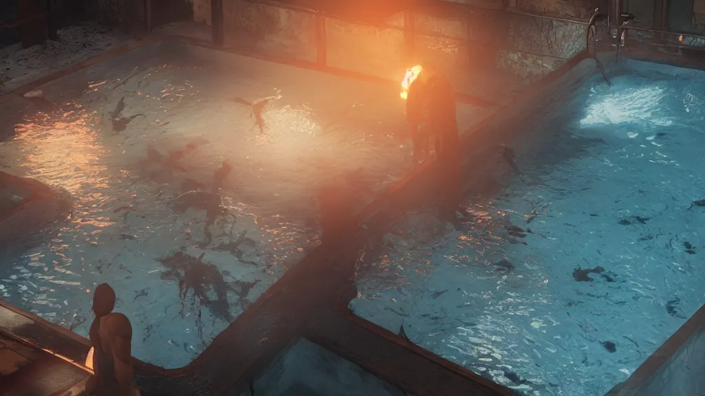 Image similar to Screenshot from Dead By Daylight at an indoor swimming pool