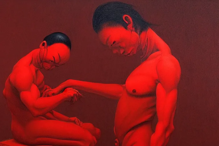 Image similar to only with red, a red samurai do seppuku, tokio, a lot of frogs watch, in the style of beksinski, parts by edward hopper, parts by rodcenko, parts by yue minjun, intricate and epic composition, red by caravaggio, insanely quality, highly detailed, masterpiece, red light, artstation, 4 k