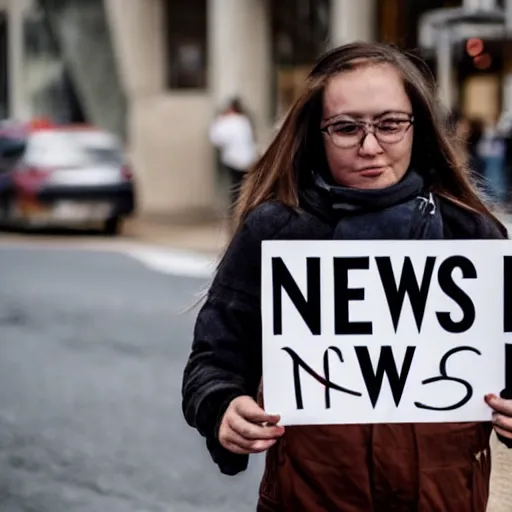 Prompt: a person holding a sign that says, news