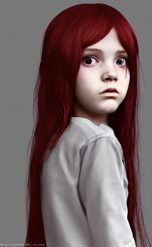 Image similar to school girl portrait, red hair, gloomy and foggy atmosphere, octane render, cgsociety, artstation trending, horror scene, highly detailded