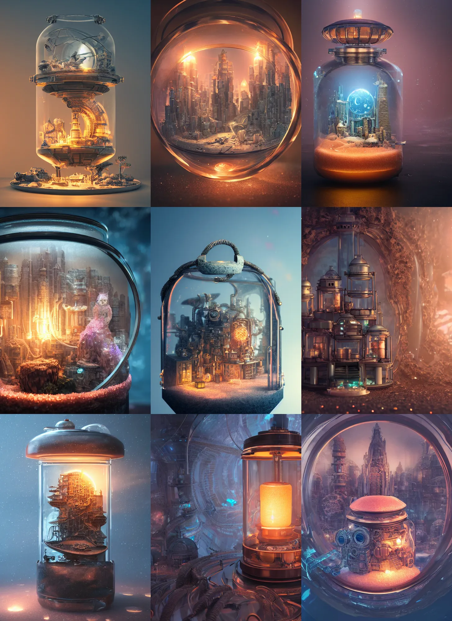 Prompt: futuristic cityscape inside a steampunk glass jar buried in sand, owl, pink bonsai tree, himalayan rocksalt lamp, intricate detail, hyper detailed, ultra realistic, sharp focus, octane render, lantern candle, spiral, volumetric, ray tracing, artstation trending, blue moon, cgsociety, sense of awe, swirling mist, 4 k