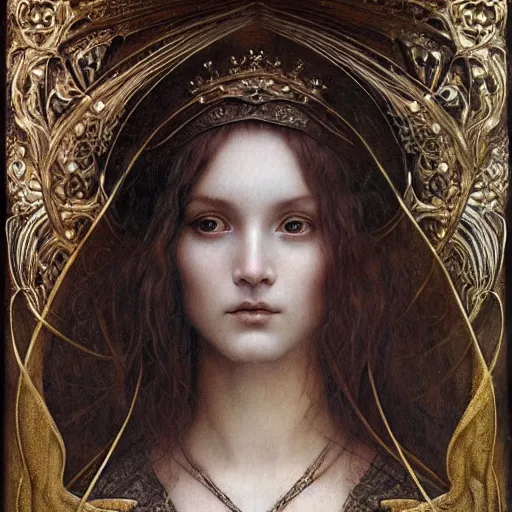 Image similar to detailed realistic beautiful young medieval queen face portrait by jean delville, tom bagshaw, brooke shaden, gustave dore and marco mazzoni, art nouveau, symbolist, visionary, gothic, pre - raphaelite, ornate gilded medieval icon, surreality