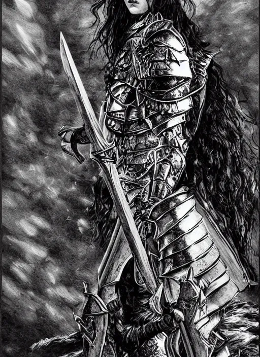 Image similar to Alexandra Daddario as a knight, highly detailed, black and white, manga, art by Kentaro Miura