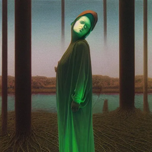 Prompt: portrait, standing in a green lake, woman wrapped around by tubes and cables, nun, glowing red, by edgar maxence and ross tran, zdzisław beksinski, and michael whelan, distant, gustav dore, h. r. giger, 8 k, octane render