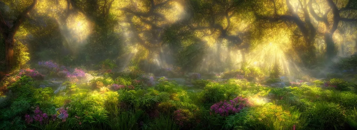 Image similar to photograph of enchanted garden, mist with rays of light by marc adamus, highly detailed, intricate detail, cinematic lighting