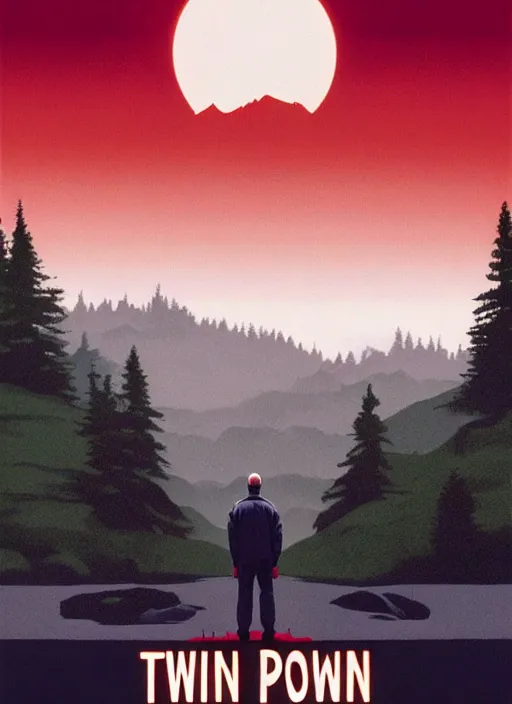 Image similar to Twin Peaks movie poster artwork by Michael Whelan and Tomer Hanuka, Rendering of a chimpanzee in a scientist lab coat, small rural town in background, from a scene from Twin Peaks, clean, full of detail, Matte painting, trending on artstation and unreal engine