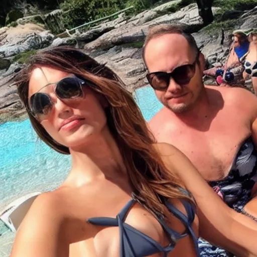 Image similar to photo of a 4 0 year old man that looks young for his age dating a very attractive 2 2 year old woman wearing a bikini. his wife is visibly upset in the background. lol
