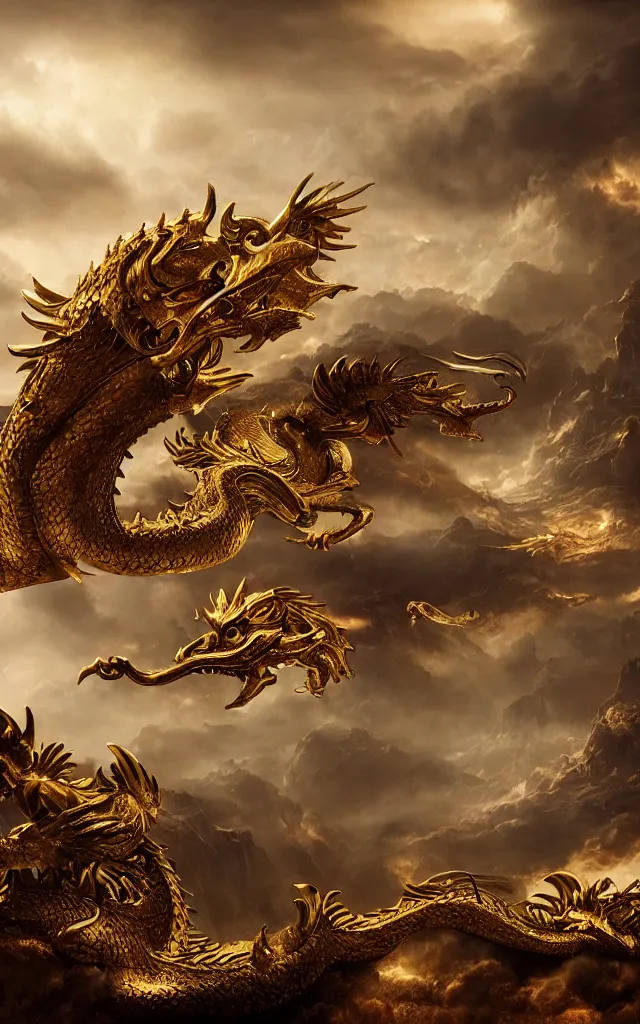 Image similar to a matte painting depicting a golden dragon, epic, legendary, cinematic composition, stunning atmosphere