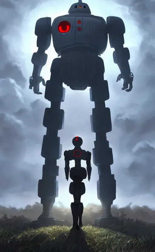 Image similar to iron giant standing near his farm, dynamic lighting, photorealistic fantasy concept art, trending on art station, stunning visuals, creative, cinematic, ultra detailed