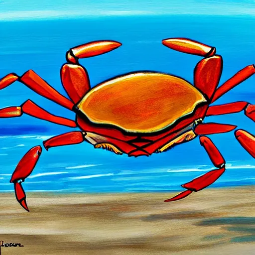 Image similar to crab on beach on sand, sea in the background, sun is shining, art by disney