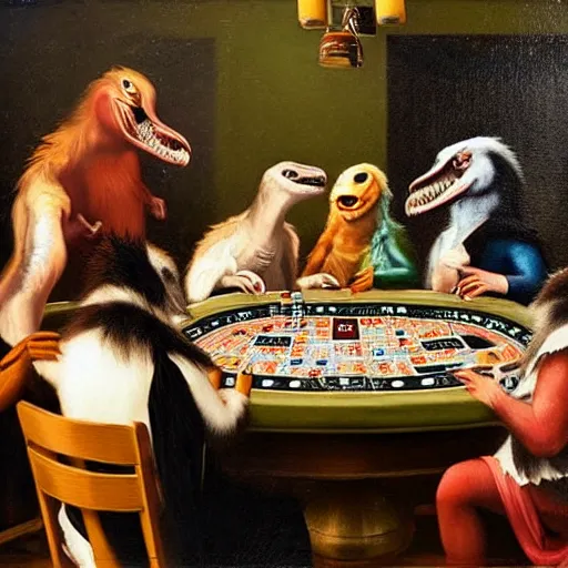 Image similar to velociraptors playing poker and drinking beer, in the style of a renaissance painting