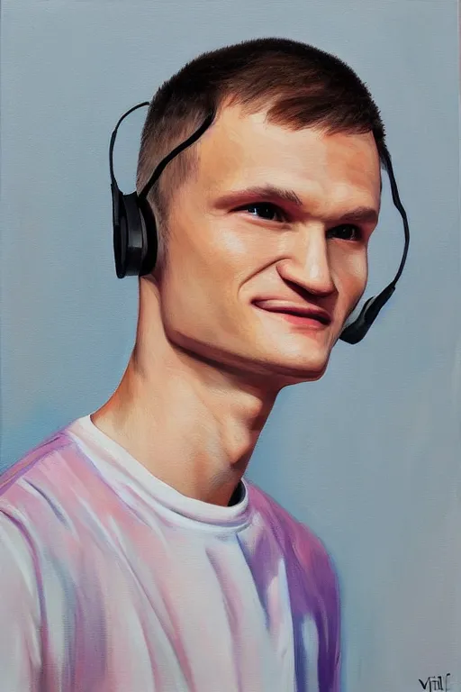 Prompt: vitalik buterin in headphones. vitalik buterin, medium shot, perfect symmetric face, coherent eyes, cute beautiful face, fine details., 4 k, hans zatska, oil paint