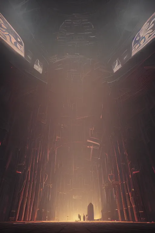 Prompt: Artwork by Beeple of the cinematic view of the Hall of Iron Agony, Infernal, Writings.