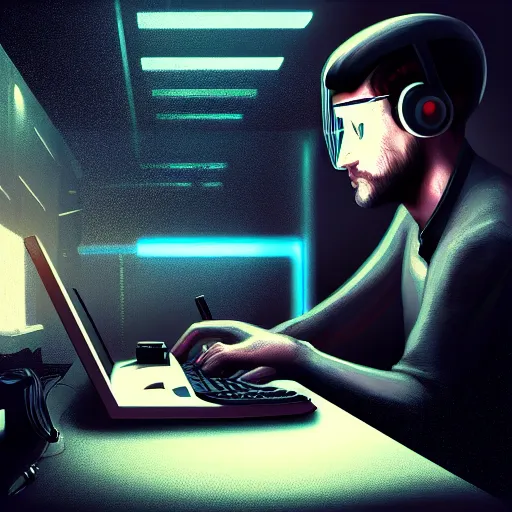 Image similar to realistic successful man typing on laptop in gaming room, artstation trends, cyberpunk concept art, highly detailed, intricate, sharp focus, digital art, 8 k