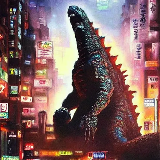 Prompt: a hyper-realistic stunning oil painting of a giant Godzilla monster peacefully coexisting with the people of Neo Tokyo; hyper-detailed!!!; an extraordinary masterpiece!!!; flawless; trending on artstation