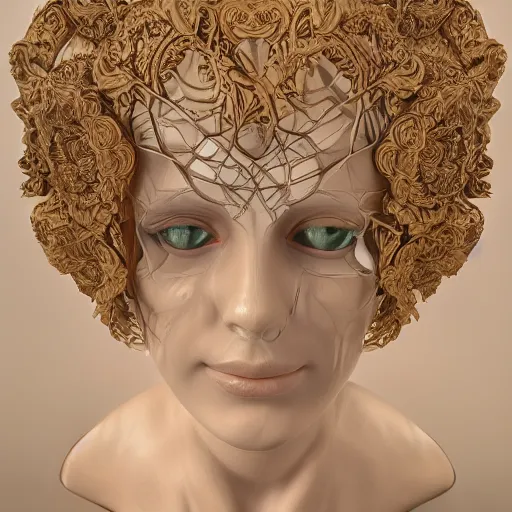 Image similar to beatifull face portrait of a woman, 150 mm, anatomical, flesh, flowers, mandelbrot fractal, facial muscles, veins, arteries, intricate, golden ratio, full frame, microscopic, elegant, highly detailed, ornate, ornament, sculpture, elegant , luxury, beautifully lit, ray trace, unreal, 3d, PBR, in the style of peter Gric , alex grey and Romero Ressendi