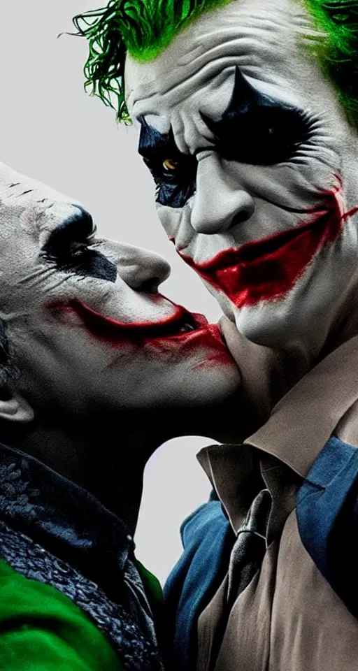 Prompt: the joker and batman sharing a beautiful kiss, award winning movie screenshot, passionate