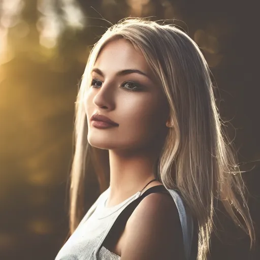 Image similar to a beautiful photo of a very beautiful blonde woman with her head tilted backwards, god ray across her face, front shot, close - up, hyper detailed, high contrast, bokeh background, realistic, 3 5 mm, 4 k