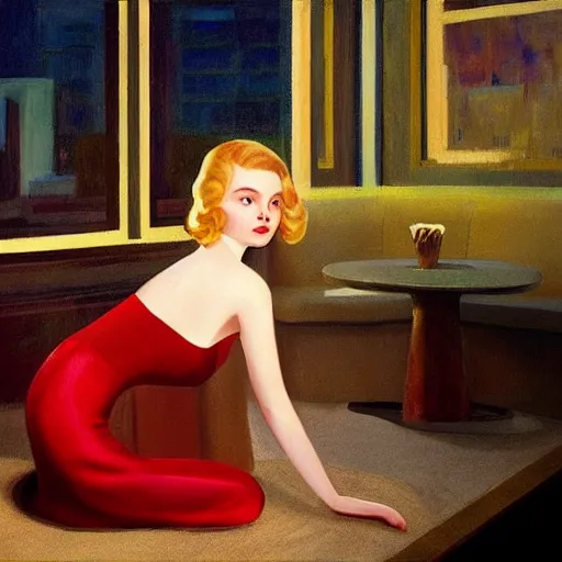 Prompt: Elle Fanning, head and shoulders masterpiece, in rapture, golden hour, underwater, art-station, in the style of Art Deco and Edward Hopper and Bosch, extremely detailed