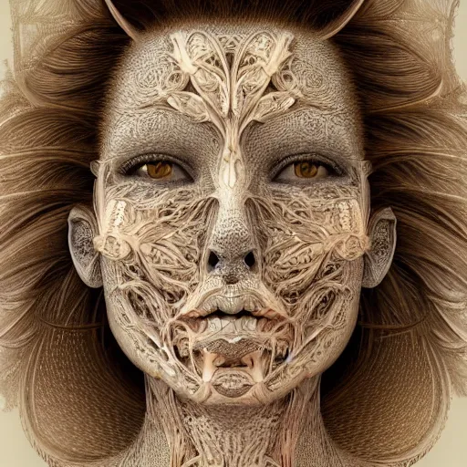 Image similar to beatifull frontal face portrait of a woman, 150mm, anatomical, flesh, flowers, mandelbrot fractal, symmetric, intricate, elegant, highly detailed, ornate, ornament, sculpture, elegant , luxury, beautifully lit, ray trace, octane render in the style of peter Gric and alex grey