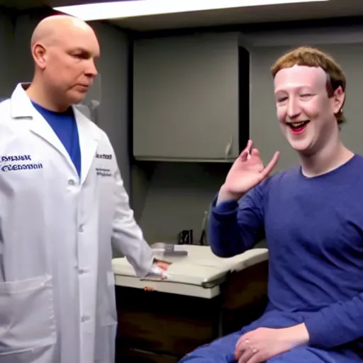 Prompt: after billy corgan throws up on mark zuckerberg's shoes, zuckerberg takes corgan to a doctor to get checked out. the doctor examines him, and gives him a diagnosis : / you've been eating too much pizza / cinematic 8 k'