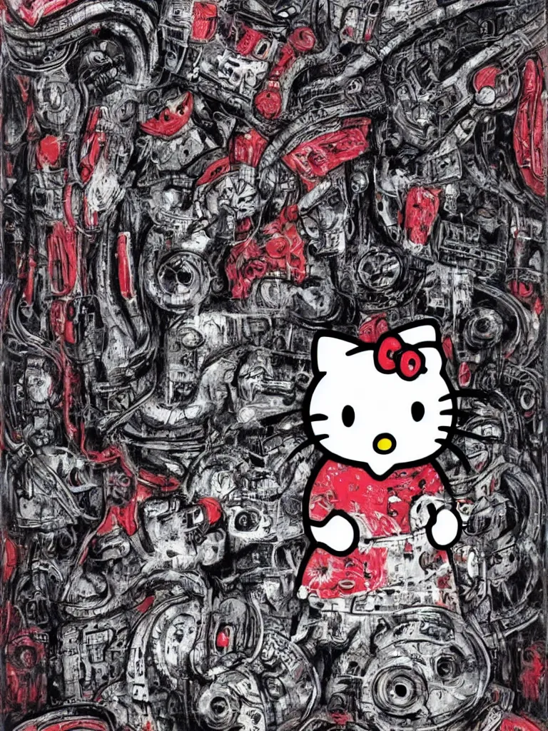 Prompt: Hello Kitty painted by H. R. Giger