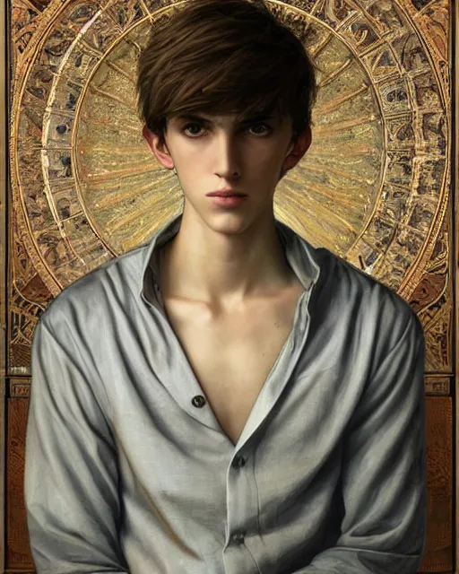 Image similar to portrait of 1 5 - year - old boy, a tall, slender boy with a pale, pointed face, sleek blond hair, and ice grey eyes, wearing black clothes, hyper realistic face, beautiful eyes, close up, fantasy art, in the style of greg rutkowski, intricate, alphonse mucha, hyper detailed, smooth