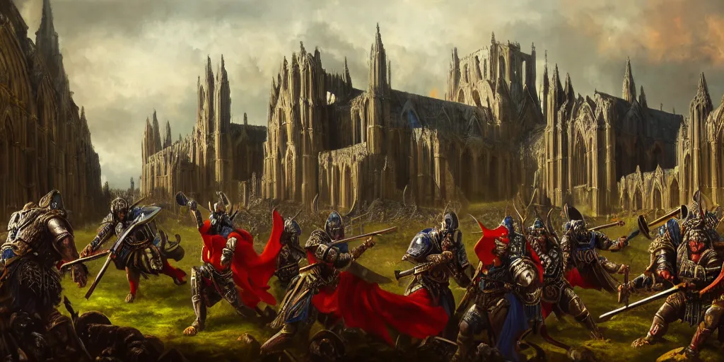 Image similar to highly detailed portrait painting of an ancient gods war battle, abbey warhammer battle, old abbey in the background, character in the foreground, cathedrals, giant columns, arcane magic summoning by liang xing, 8 k resolution