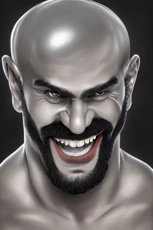 Image similar to gigachad luigi laughing holding metal sphere by ilya kuvshinov, bodybuilder ernest khalimov, super mario bros symmetrical face concept art, hyper realistic, intricate, elegent, highly detailed, digital painting, concept art, smooth, sharp, focus, illustration, art by artgerm and greg rutkowski and alphonse mucha, artstation