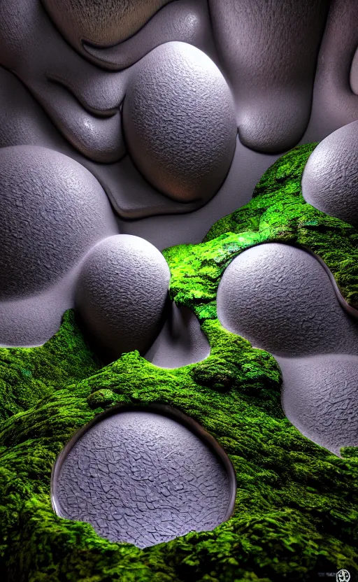 Image similar to highly detailed ultra sharp 3 d render cinematic composition of a smooth ceramic porcelain biomorphic magnolia stone nebula fluid fractal sci - fi surreal architecture landscape, granite, metallic, magnesium, marble, moss and lichen, vincent callebaut composition, mamou - mani, archviz, beautiful lighting, 8 k, unreal engine, hdr,