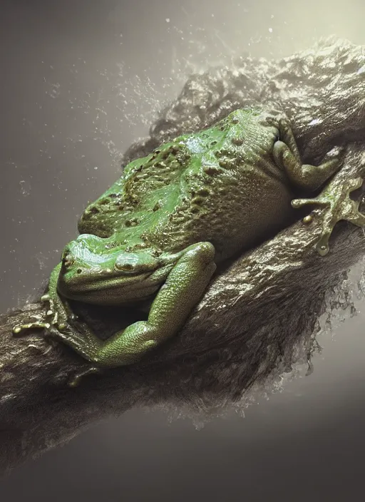 Prompt: hyperrealism, detailed textures, photorealistic 3 d, a massive frog emerging from a fluffy cloud, a giant fly near the frog, ultra realistic, cinematic, intricate, cinematic light, concept art, illustration, art station, unreal engine 8 k