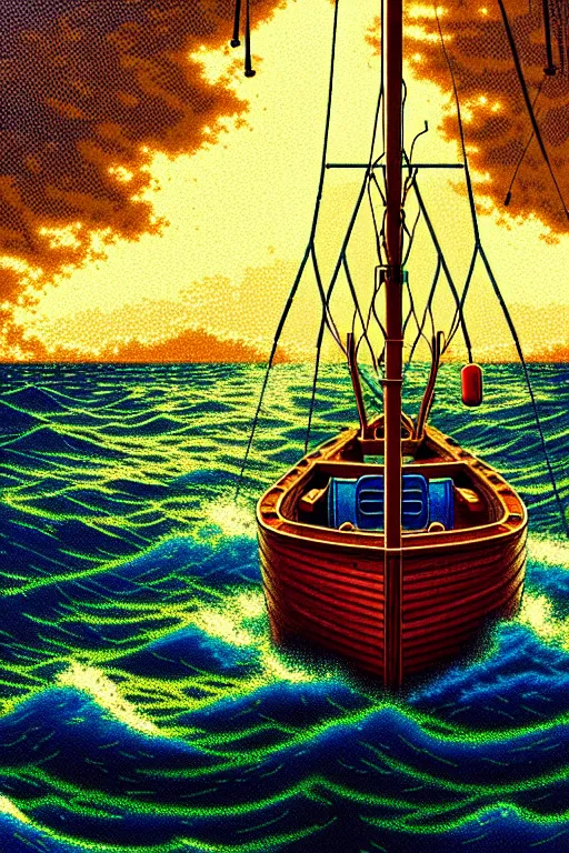 Image similar to sitting at sea in a fishing boat during the greatest storm of all time, pov, beautiful detailed pixelart by albertov, intricate details, beautiful, dithered gradients, volumetric lighting, cgsociety, artstation, smooth, sharp focus, 2 d illustration, amazing art by dan mumford