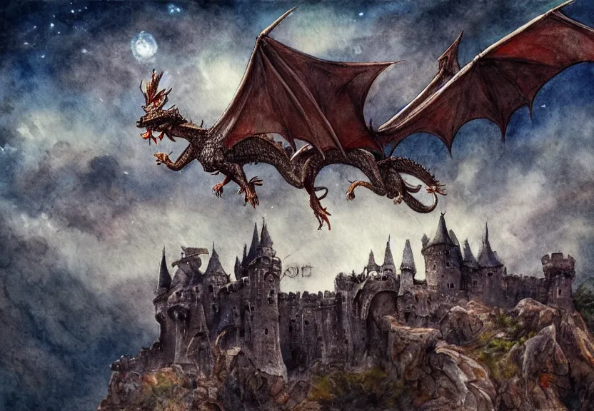 Image similar to dragon possum flying over a medieval castle under a dark starred sky, dark fantasy, watercolor, dreaming illusion, highly detailed, 4k, trending on Artstation, award-winning