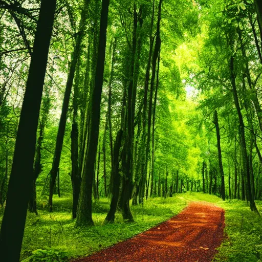 Prompt: a green forest with a single path going forward, 8 k, photography, dramatic lighting