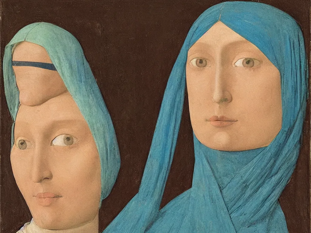 Image similar to portrait of a woman head with niqab. lapis - lazuli, turquoise, malachite, cinnabar, earth brown. painting by piero della francesca, balthus, agnes pelton