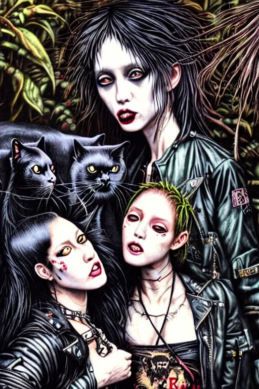 Image similar to punk rock girls kissing and making selfie with black cats in jungle , 1980 style by by Ayami Kojima, mad max jacket, post apocalyptic, Cyberpunk, renaissance, Gothic, mystic, highly detailed, digital painting, 4k, fog, oil painting by Leonardo Da Vinci, hyper realistic style, fantasy by Olga Fedorova