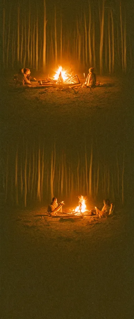 Image similar to Symmetric Wes Anderson film still late at night in forest with campfire. Establishing shot. Architecture. 8k resolution. Pastel. Sharp. Whimsical. Symmetry. Stunning. Poloroid. Film grain. Vintage.