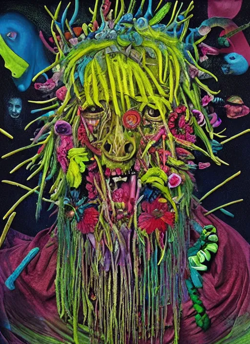 Prompt: “A (surreal) neon painting of a rotting and gruesome shaman, made of flowers, vulgar, futuristic picasso by hr giger and Vladimir kush and dali and kandinsky, 3d, realistic shading, complimentary colors, vivid neon colors, aesthetically pleasing composition, masterpiece, 4k, 8k, ultra realistic, super realistic”
