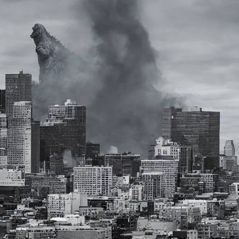 Image similar to hyperrealistic photo of Godzilla terrorizing downtown Omaha
