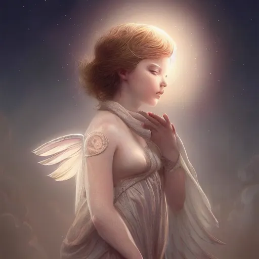 Image similar to A beautiful digital painting of a baby Seraphim, princess, the moon behind her, intricate, cinematic lighting, highly detailed, digital painting, Artstation, concept art, smooth, sharp focus, illustration, art by Tom Bagshaw, Artgerm and Greg Rutkowski