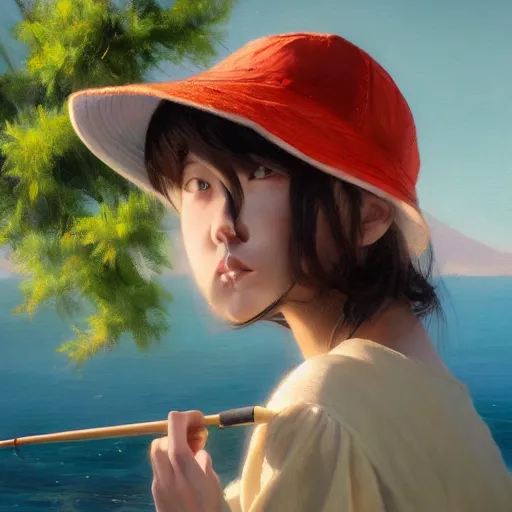 Prompt: oil painting by ilya kuvshinov,, baugh casey, craig mullins, coby whitmore, of a youthful japanese girl, long hair, fishing and wearing fisherman's outfit, fisherman's hat, highly detailed, breathtaking face, studio photography, noon, intense bounced light, water reflection, large tree casting shadow, serine intense sunlight